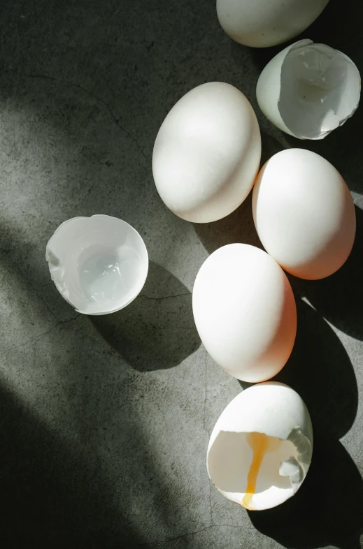 a group of eggs sitting on top of a table, bright white light, vessels, morning light showing injuries, robin eley