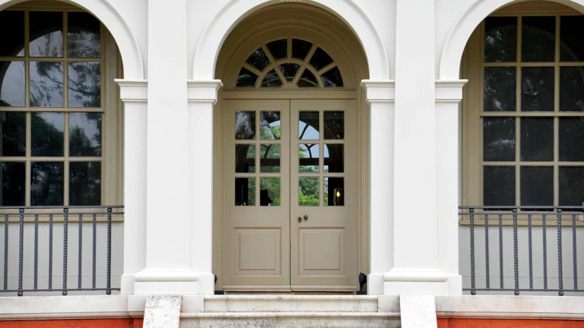 a red fire hydrant sitting in front of a white building, a digital rendering, inspired by George Jamesone, pexels, arts and crafts movement, arched doorway, muted brown, white sweeping arches, muted colour palette