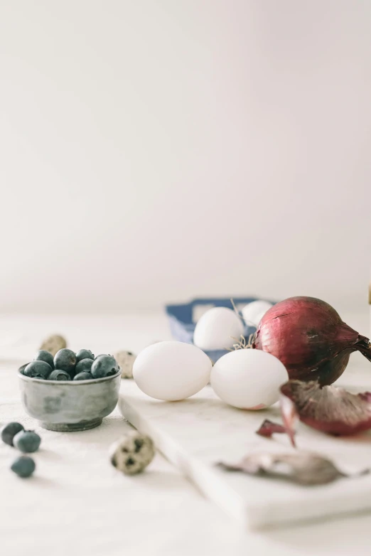 a table topped with a bowl of blueberries and eggs, a still life, trending on unsplash, dwell, chicken, cooking, on white