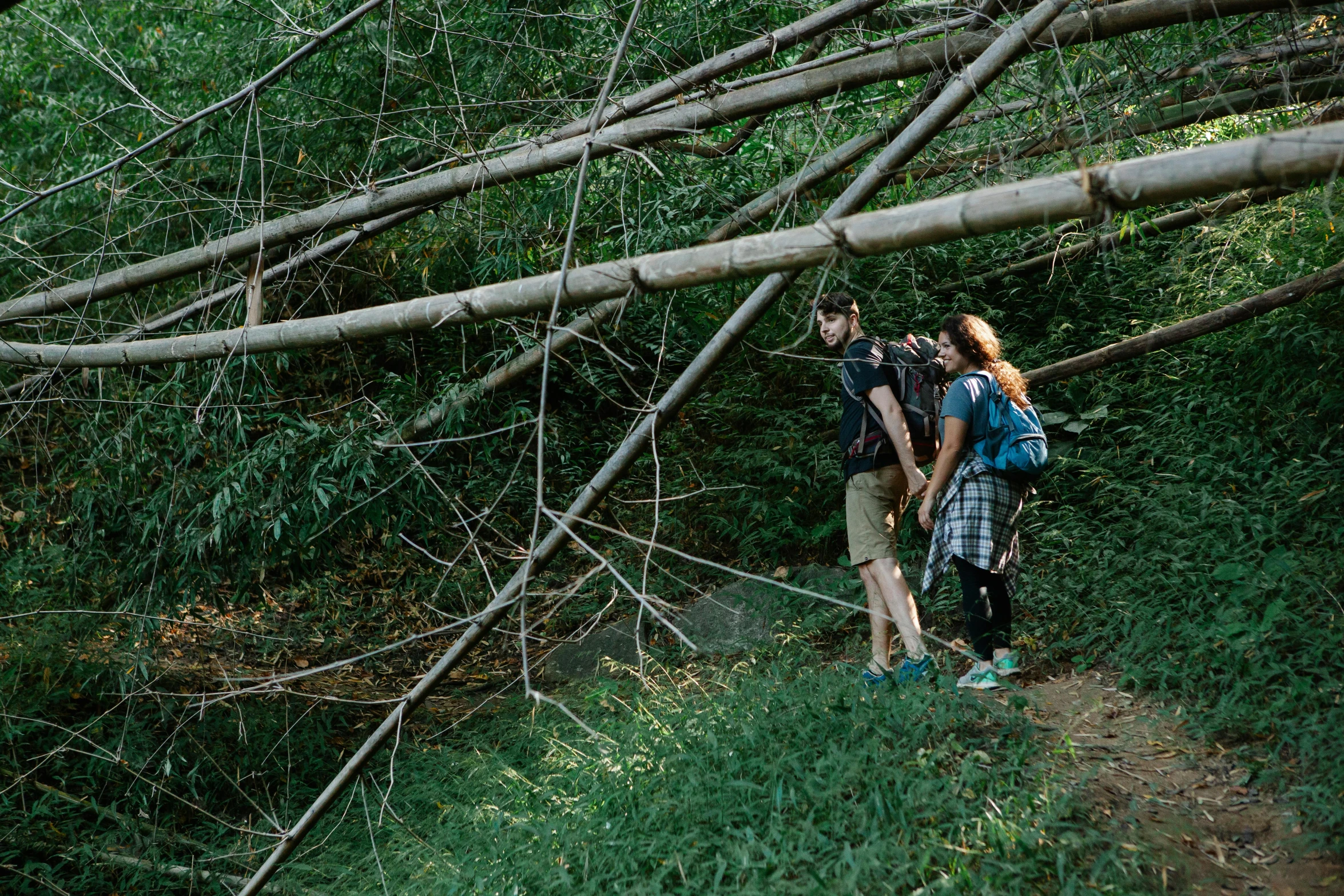 a couple of people that are standing in the grass, damaged vine bridge, hiking clothes, made of bamboo, profile image