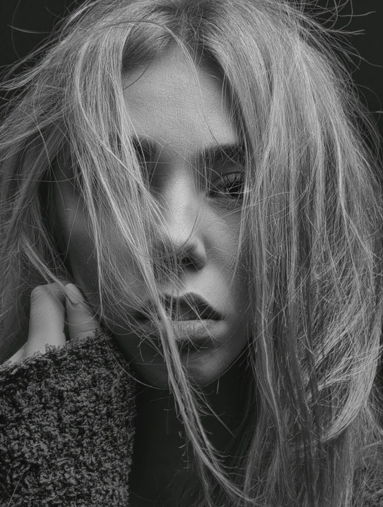 a black and white photo of a woman with long hair, a black and white photo, trending on pexels, messy blonde hair, sydney sweeney, chilly dark mood, cover story