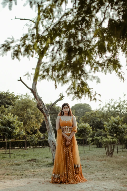 a woman in an orange dress standing in front of a tree, inspired by Saurabh Jethani, pexels contest winner, wearing an ornate outfit, standing alone in grassy field, wearing yellow croptop, wedding