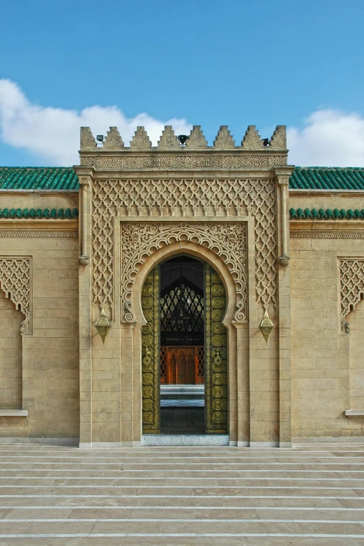 a large stone building with a green roof, inspired by Alberto Morrocco, arabesque, golden gates, camel, metal framed portal, pointed arches
