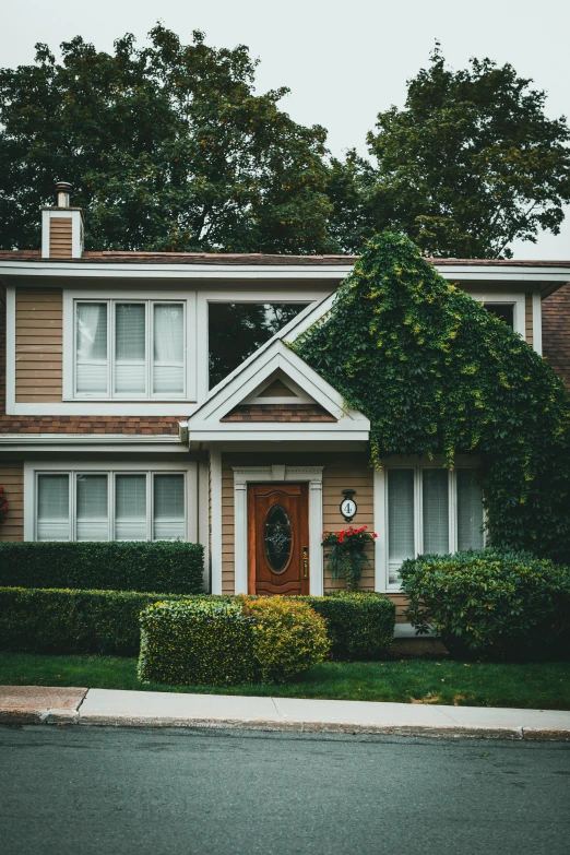 a house with a car parked in front of it, rich greenery, brown and white color scheme, in a suburb, vine covered