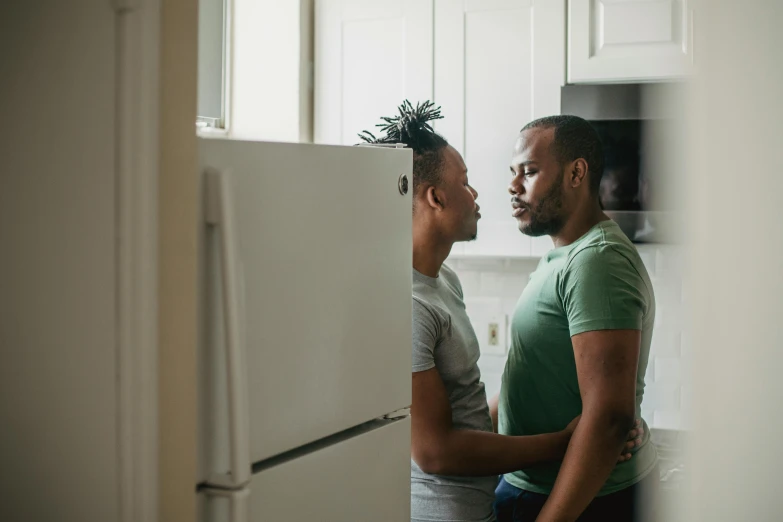 a couple of men standing next to each other in a kitchen, a photo, kissing, profile image, refrigerator, lgbtq