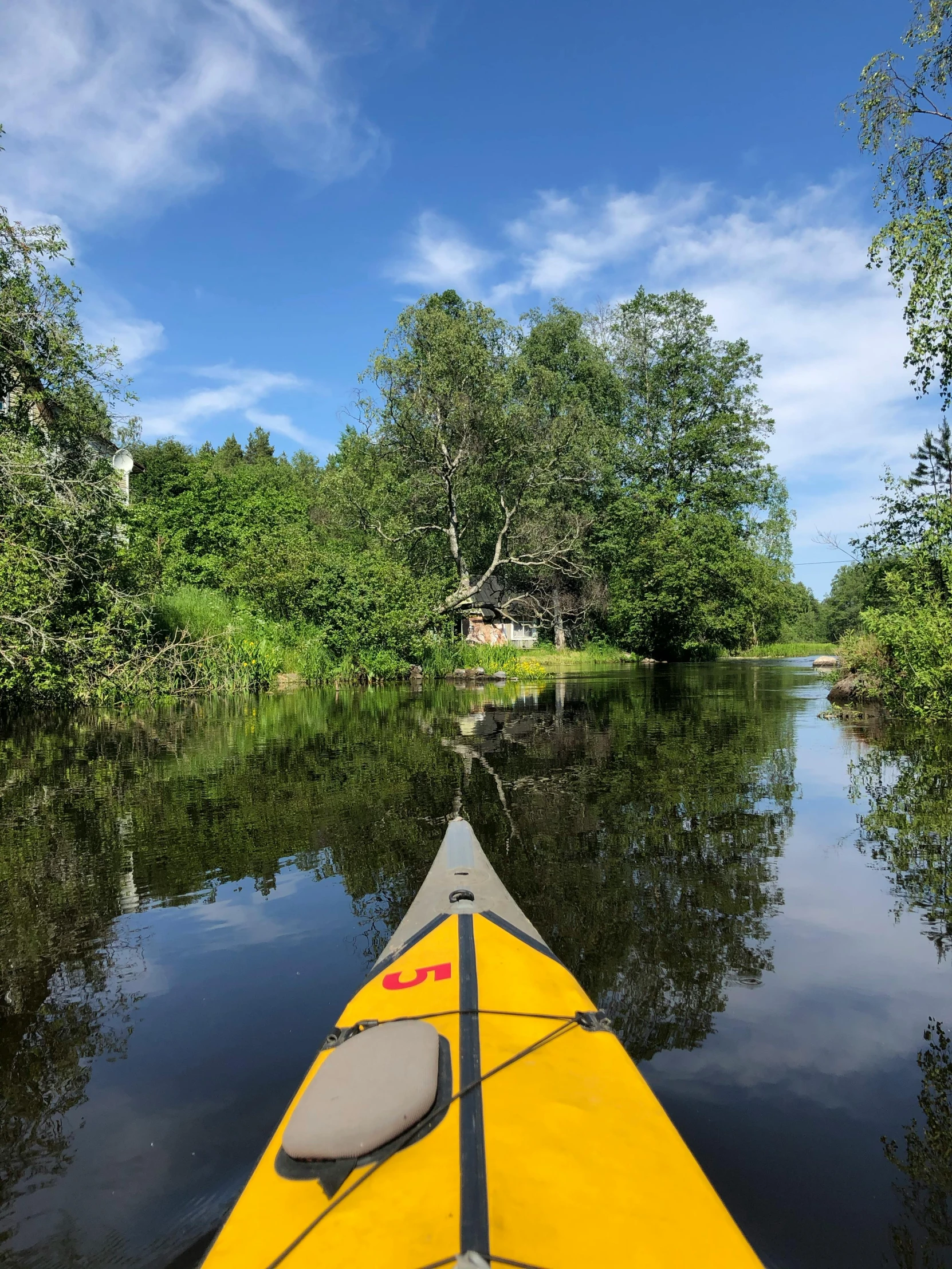 a yellow kayak sitting on top of a body of water, a picture, river running past the cottage, espoo, selfie photo, thumbnail