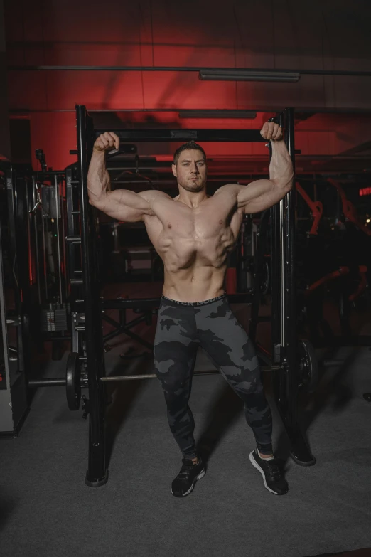 a man doing pull ups in a gym, by Adam Marczyński, posing and flexing, instagram post, full body image, armed