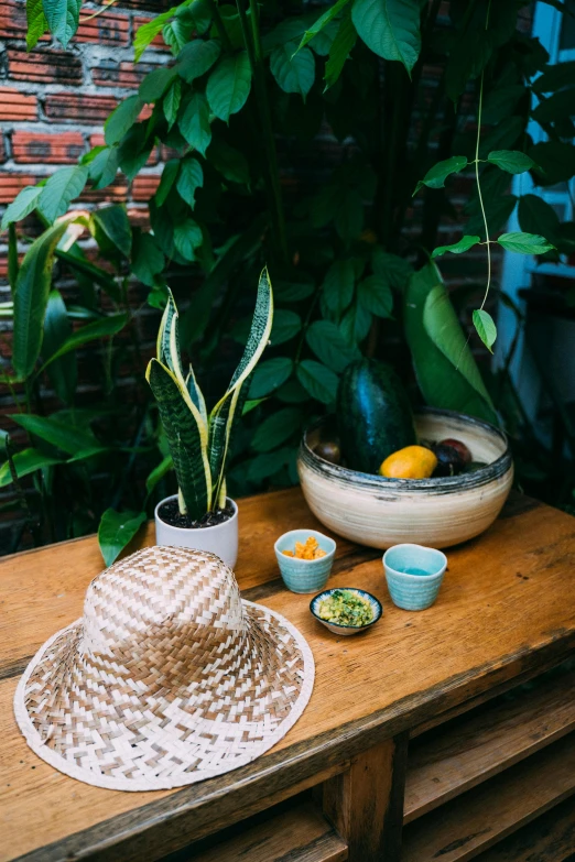 a hat sitting on top of a wooden table, a still life, inspired by Tan Ting-pho, unsplash, plants and patio, background image, multiple stories, greens)