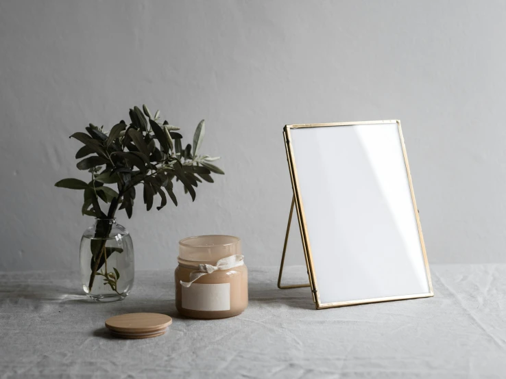 a picture frame sitting on top of a table next to a plant, a still life, unsplash, metallic brass accessories, mirror background, jar on a shelf, easel
