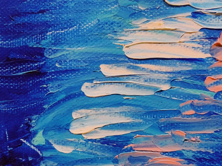 a close up of a painting of a body of water, pexels contest winner, abstract art, thick blue lines, palette knife! and brush strokes, evening sun, very small brushstrokes