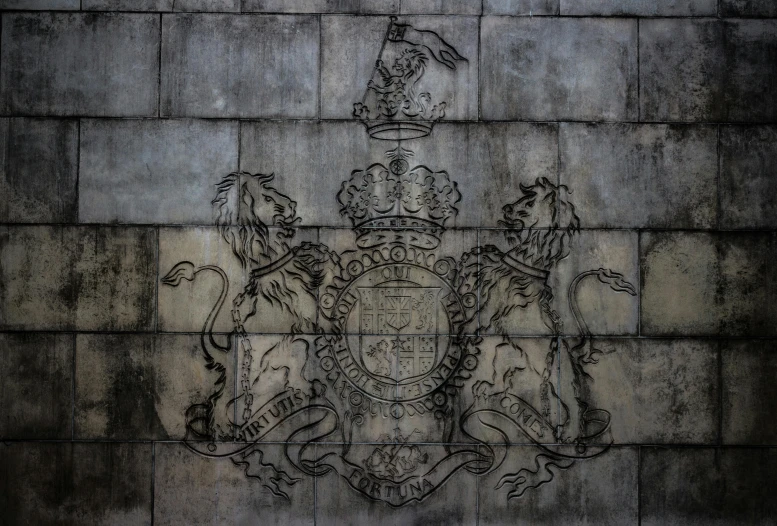 a stone wall with a coat of arms on it, an etching, inspired by Sir Jacob Epstein, pexels contest winner, concrete art, parliament, hong kong, symmetrical image, god save the queen!!!