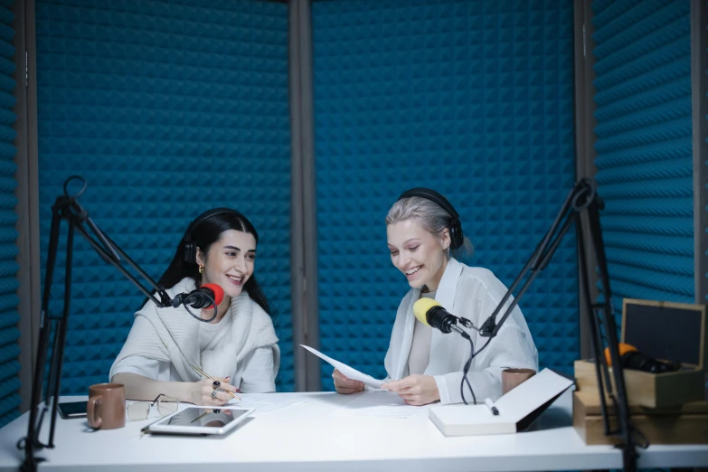 two women sitting at a table in front of microphones, by Emma Andijewska, hurufiyya, avatar image, high quality artwork, square, professional studio