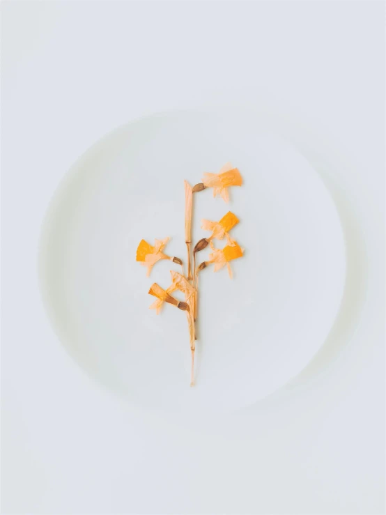 a white plate topped with an orange flower, by Sara Saftleven, conceptual art, fork, gold flaked flowers, vanilla, smol