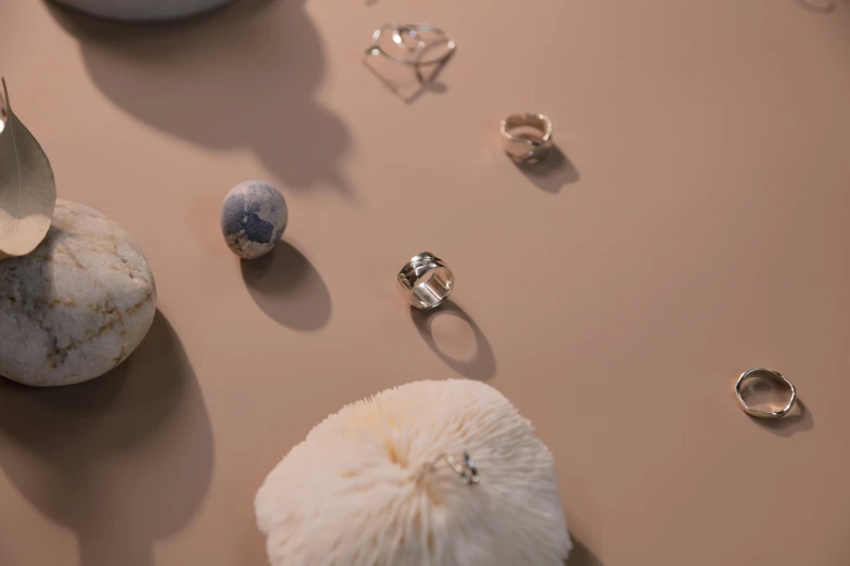 a couple of rings sitting on top of a table, a still life, inspired by Pieter de Ring, trending on pexels, photorealism, shells, floating spheres and shapes, silver，ivory, pandora style