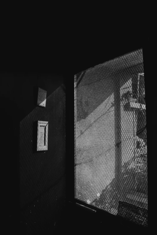 a black and white photo of a door and window, unsplash contest winner, conceptual art, torn mesh, night light, mirror world, cornered like an animal