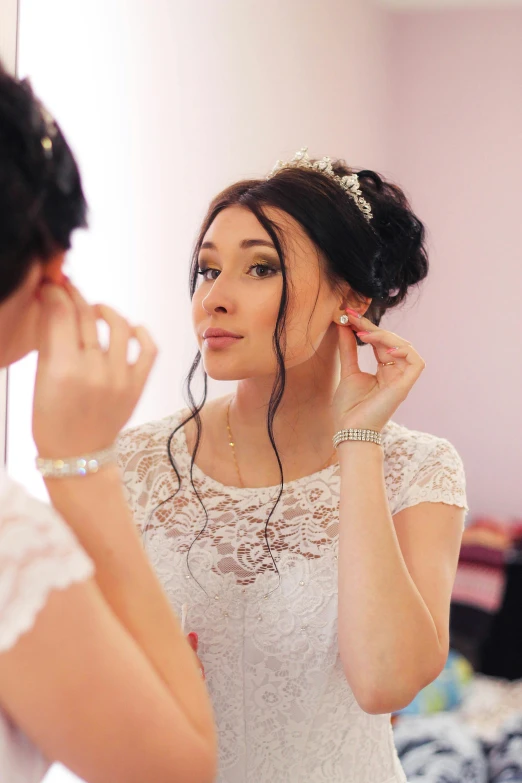 a woman standing in front of a mirror brushing her hair, by Adam Marczyński, shutterstock, romanticism, wedding, earrings, 1 6 years old, 15081959 21121991 01012000 4k