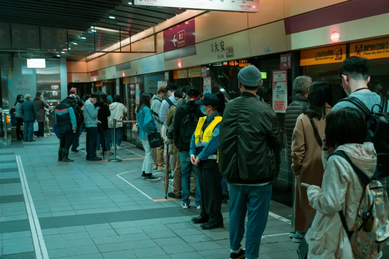 a group of people standing in line at a train station, pexels contest winner, ukiyo-e, melbourne, ticket, inside of a tokyo garage, orange line