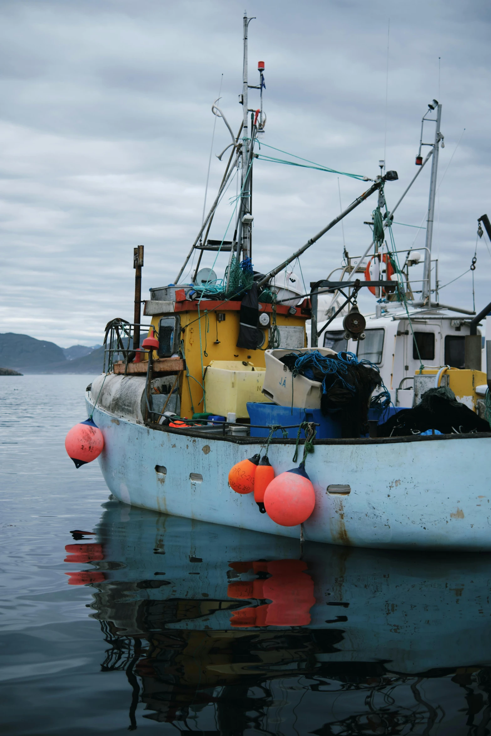 a boat sitting on top of a body of water, arctic fish, nets and boats, in the evening, moored