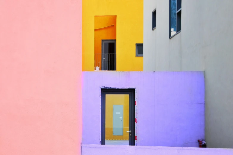 a couple of buildings that are next to each other, a minimalist painting, unsplash contest winner, postminimalism, doors of perception, colorful pastel, ignant, splash of color