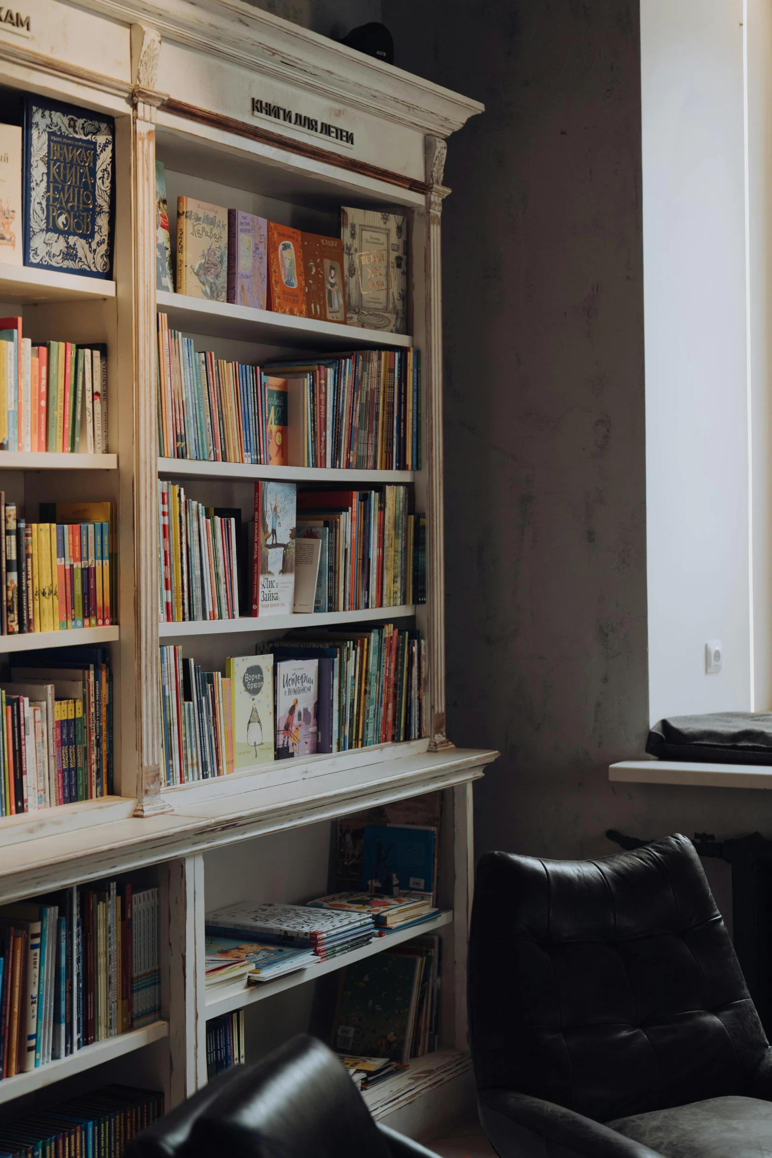 a living room filled with furniture and lots of books, a portrait, by Konrad Witz, unsplash, private press, small hipster coffee shop, фото девушка курит, shelf, slight overcast lighting