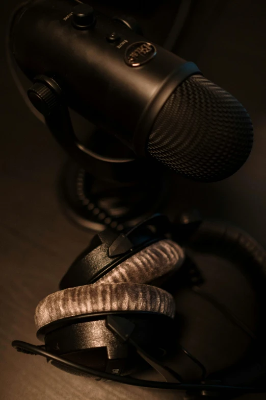 a microphone sitting on top of a table next to a pair of headphones, featured on zbrush central, obscured underexposed view, detailed entangled fibres, high-quality photo, breeding