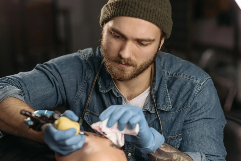 a man getting a tattoo on another man's arm, trending on pexels, hyperrealism, oill painting, serious, headshot, 2717433015