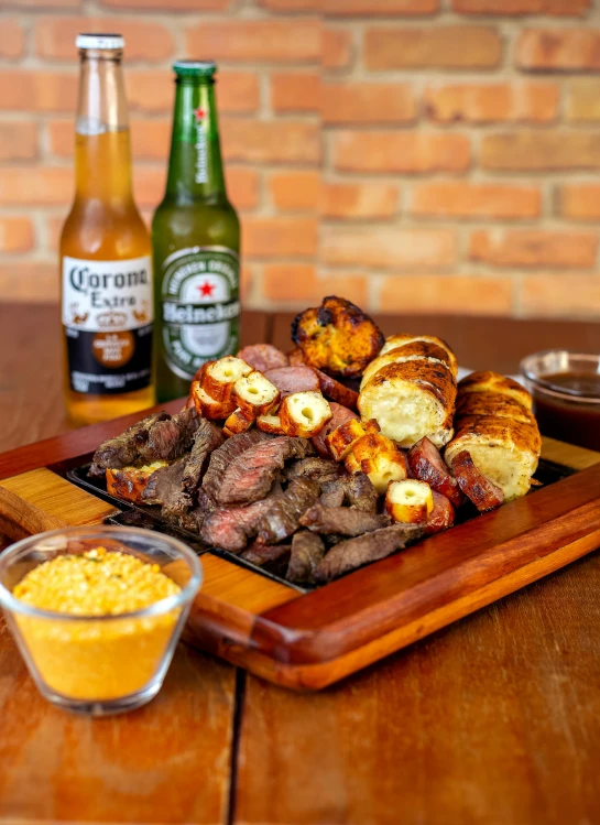 a wooden cutting board topped with steak and potatoes, by Felipe Seade, dau-al-set, beer, grilled chicken, contest winner 2021, larapi