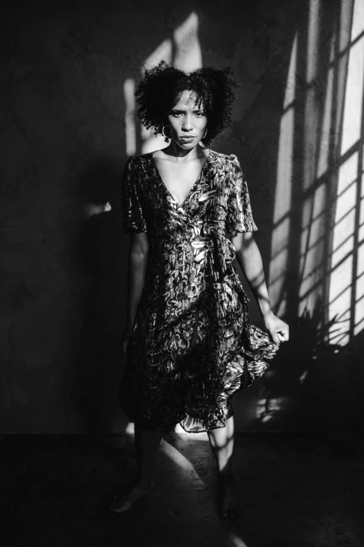 a black and white photo of a woman in a dress, inspired by Peter Lindbergh, halle berry, zoë kravitz, with dappled light, brocade dress