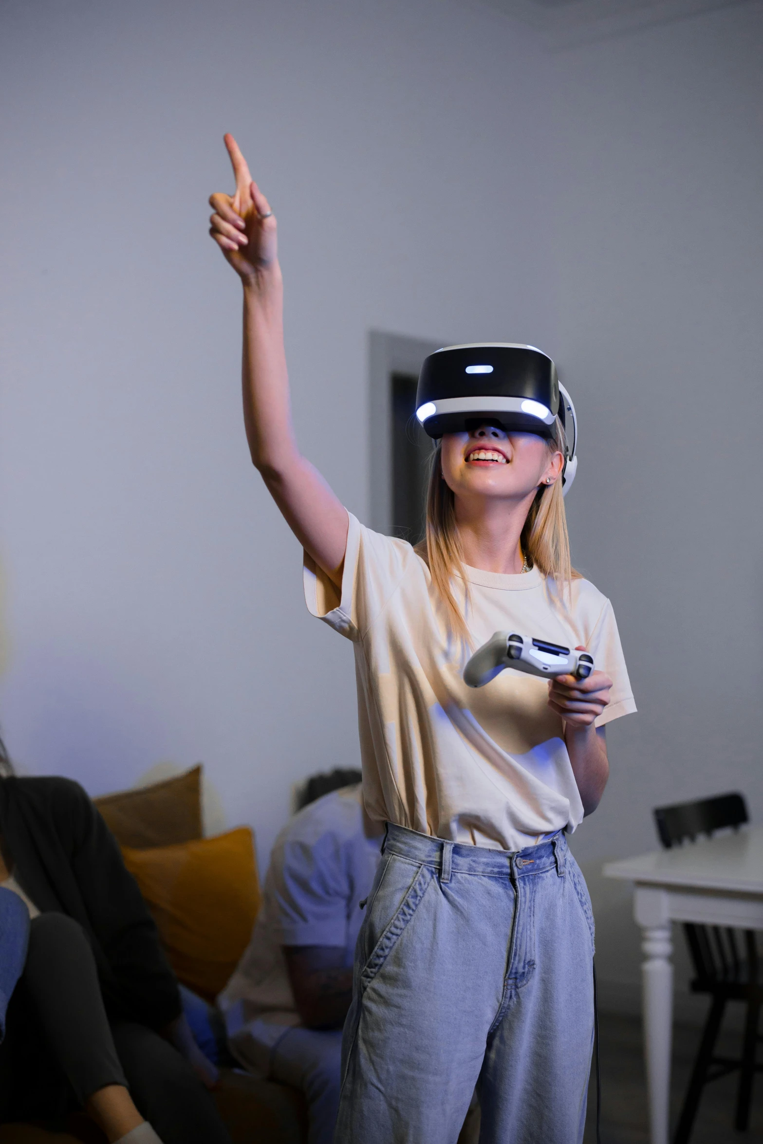 a woman standing in a living room holding a nintendo wii controller, a hologram, by Adam Marczyński, pexels contest winner, vr helmet, panoramic view of girl, triumphant pose, pictured from the shoulders up