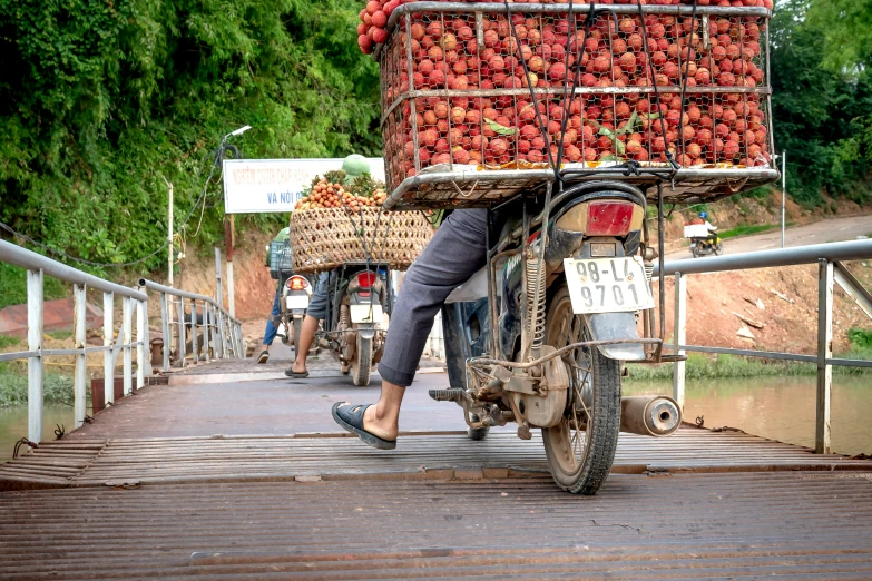 a man riding a motorcycle with a basket of apples on the back, inspired by Steve McCurry, pexels contest winner, on a bridge, vietnam, reddish, colored fruit stand