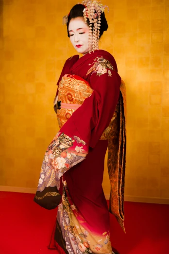 a woman in a red and gold kimono, slide show, drag, kutsuya terada, square