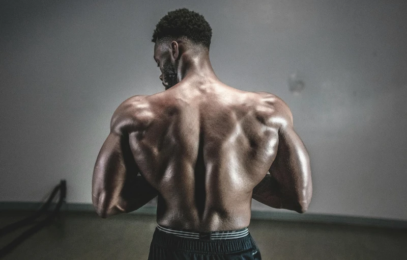 a man standing in a gym with his back to the camera, pexels contest winner, mannerism, bursting with muscles, black man, background, bumpy skin