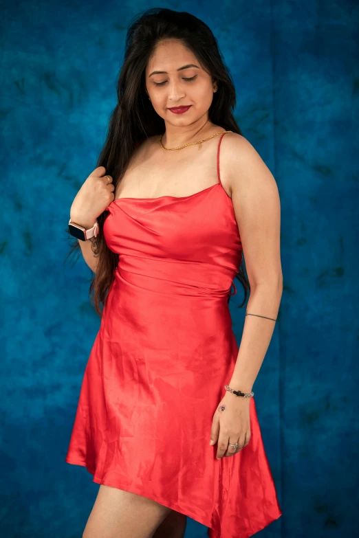 a woman in a red dress posing for a picture, beautiful young himalayan woman, 15081959 21121991 01012000 4k, full color photograph, succubus in sundress portrait