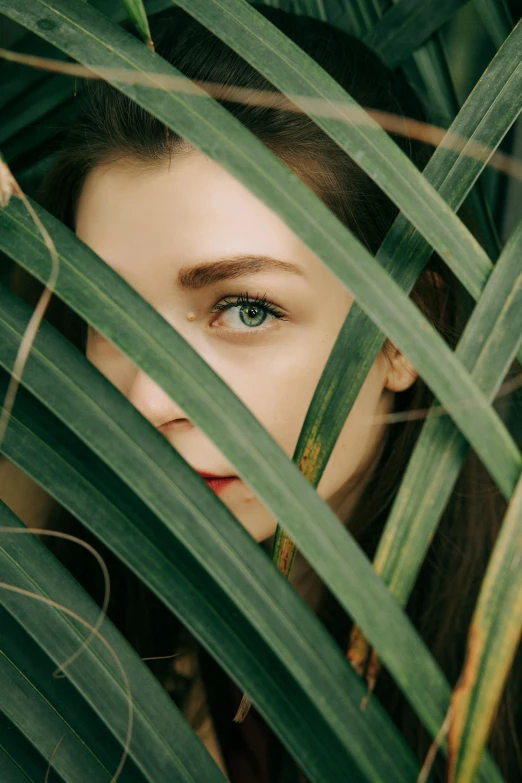 a woman peeking through the leaves of a plant, inspired by Elsa Bleda, trending on pexels, renaissance, green eyes fine face pretty face, grass - like, photoshoot for skincare brand, girl with brown hair