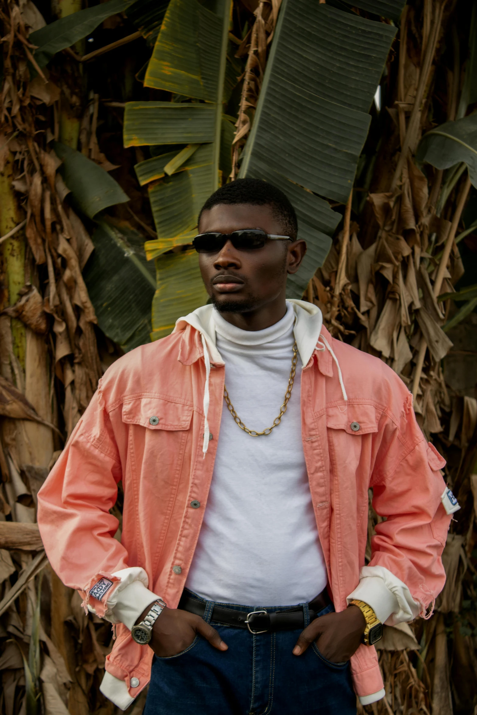 a man standing in front of a banana tree, an album cover, inspired by David Bailly, trending on pexels, african man, casual pose, maria borges, wearing a track suit