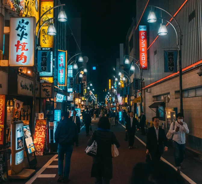 a group of people walking down a street at night, a photo, pexels contest winner, ukiyo-e, few neon signs, down-town, beautiful high resolution, instagram post
