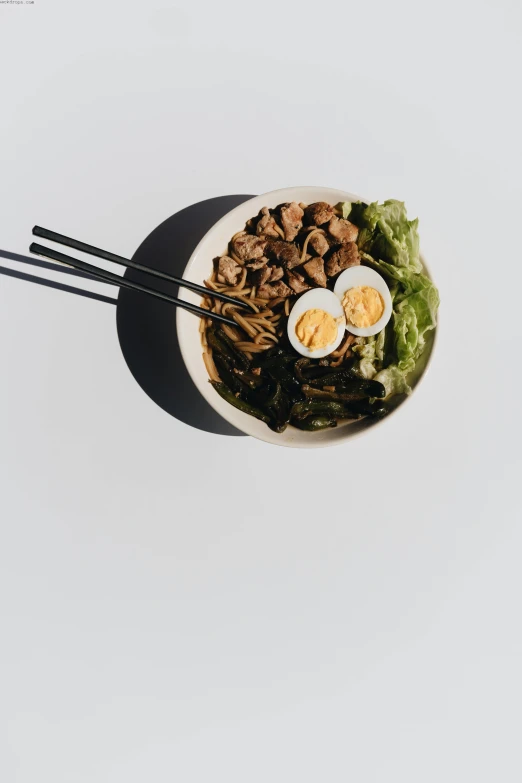 a close up of a bowl of food with chopsticks, set against a white background, trending on vsco, made of mushrooms, salad