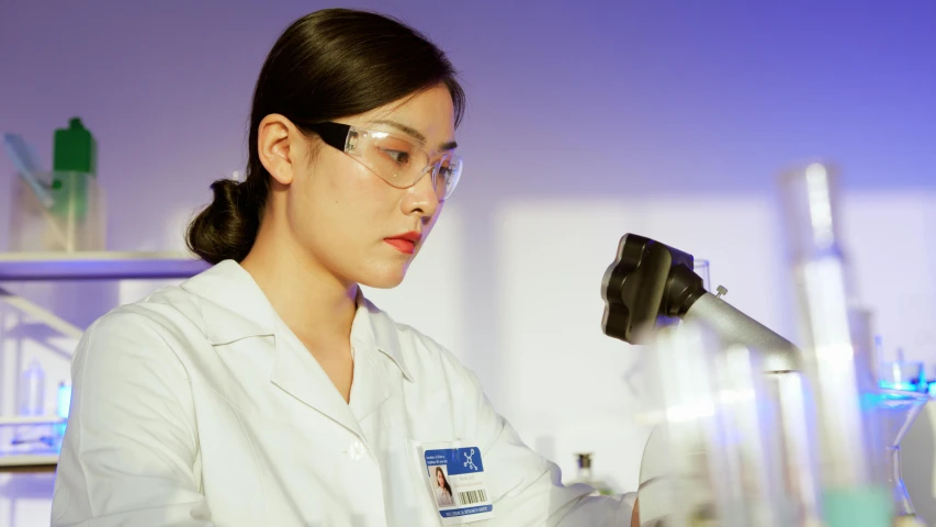 a woman in a lab coat using a microscope, by Jang Seung-eop, avatar image, background image, high quality film still, louise zhang