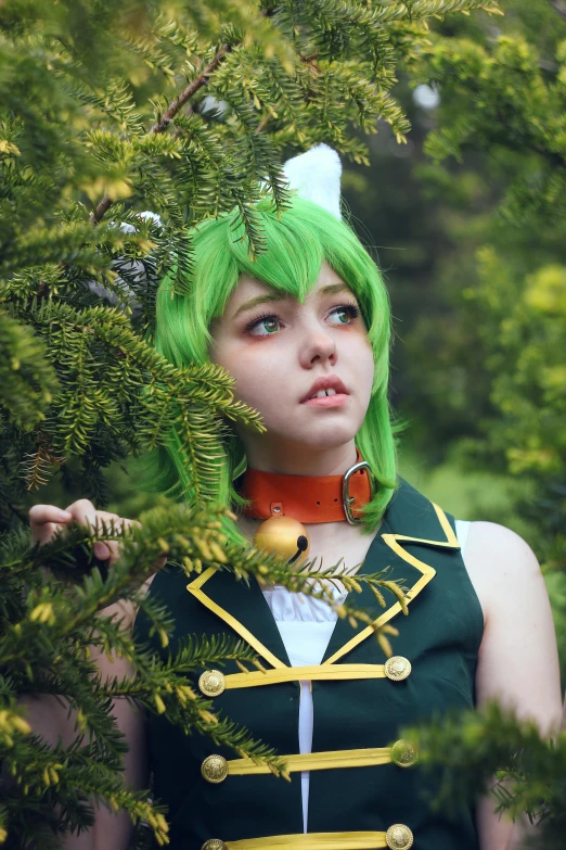a woman with green hair wearing a uniform, a photo, inspired by Leiko Ikemura, trending on deviantart, star guardian inspired, bushes in the background, symphogear, 2019 trending photo