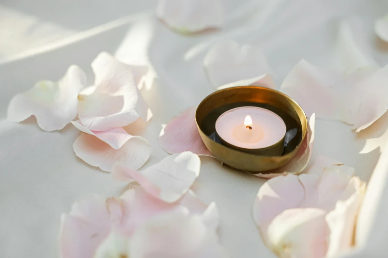 a lit candle surrounded by rose petals on a table, light and space, gold gilded circle halo, angled shot, centred, with a white background