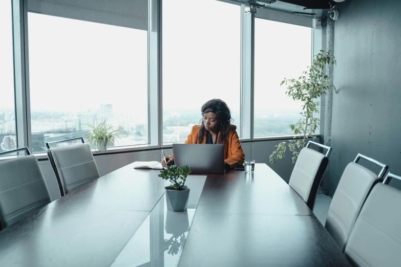 a woman sitting at a table working on a laptop, pexels contest winner, cubical meeting room office, avatar image, lonely vibe, high resolution image