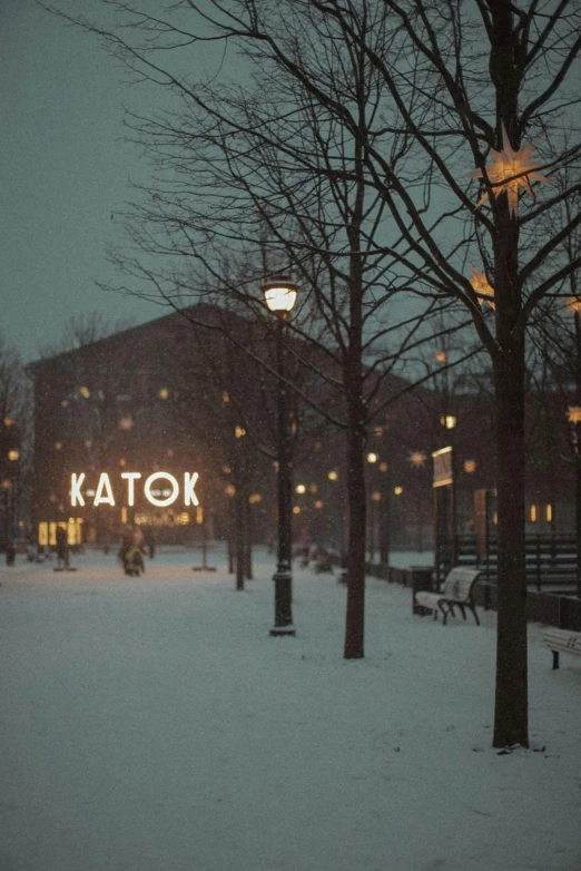 a couple of benches sitting on top of a snow covered field, inspired by Nándor Katona, pexels contest winner, warm street lights store front, alvar aalto, subtitles, at evening during rain