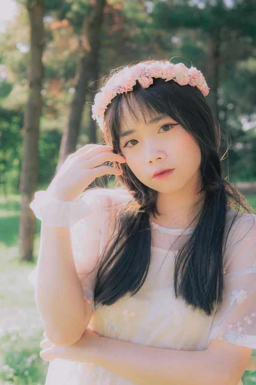 a woman standing in a field with a flower crown on her head, an album cover, inspired by Kim Jeong-hui, tumblr, anime visual of a cute girl, [32k hd]^10, headshot profile picture, ruan cute vtuber