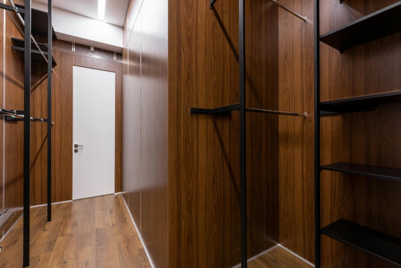 a walk in closet with wooden walls and shelves, a hyperrealistic painting, by Niko Henrichon, unsplash, located in hajibektash complex, profile image, up-angle view, brown