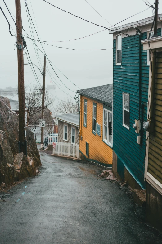 a couple of houses sitting on the side of a road, by Jessie Algie, pexels contest winner, vibrant but dreary gold, harbor, small path up to door, francois legault