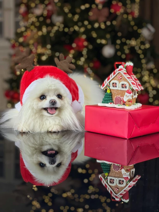 a white dog wearing a santa hat next to a christmas tree, a portrait, by Julia Pishtar, pexels, square, mini model, in house, !!!!