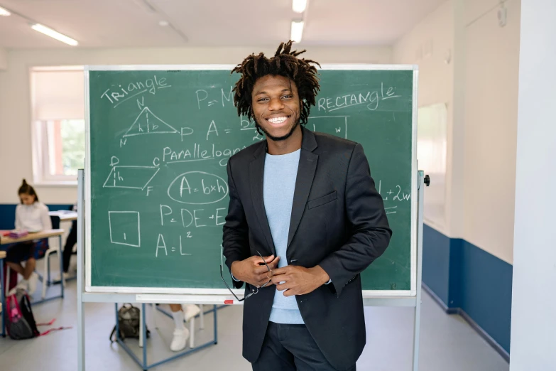 a man standing in front of a blackboard in a classroom, an album cover, pexels contest winner, afro tech, 15081959 21121991 01012000 4k, lachlan bailey, subject is smiling