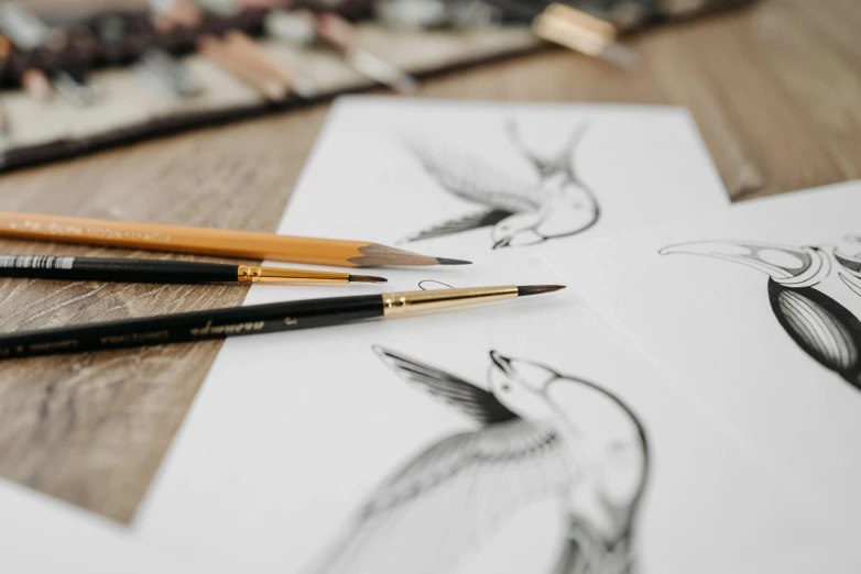 a couple of pencils sitting on top of a table, a drawing, inspired by Ohara Koson, trending on pexels, academic art, birds, luxury fashion illustration, delicate and precise brushwork, product design shot