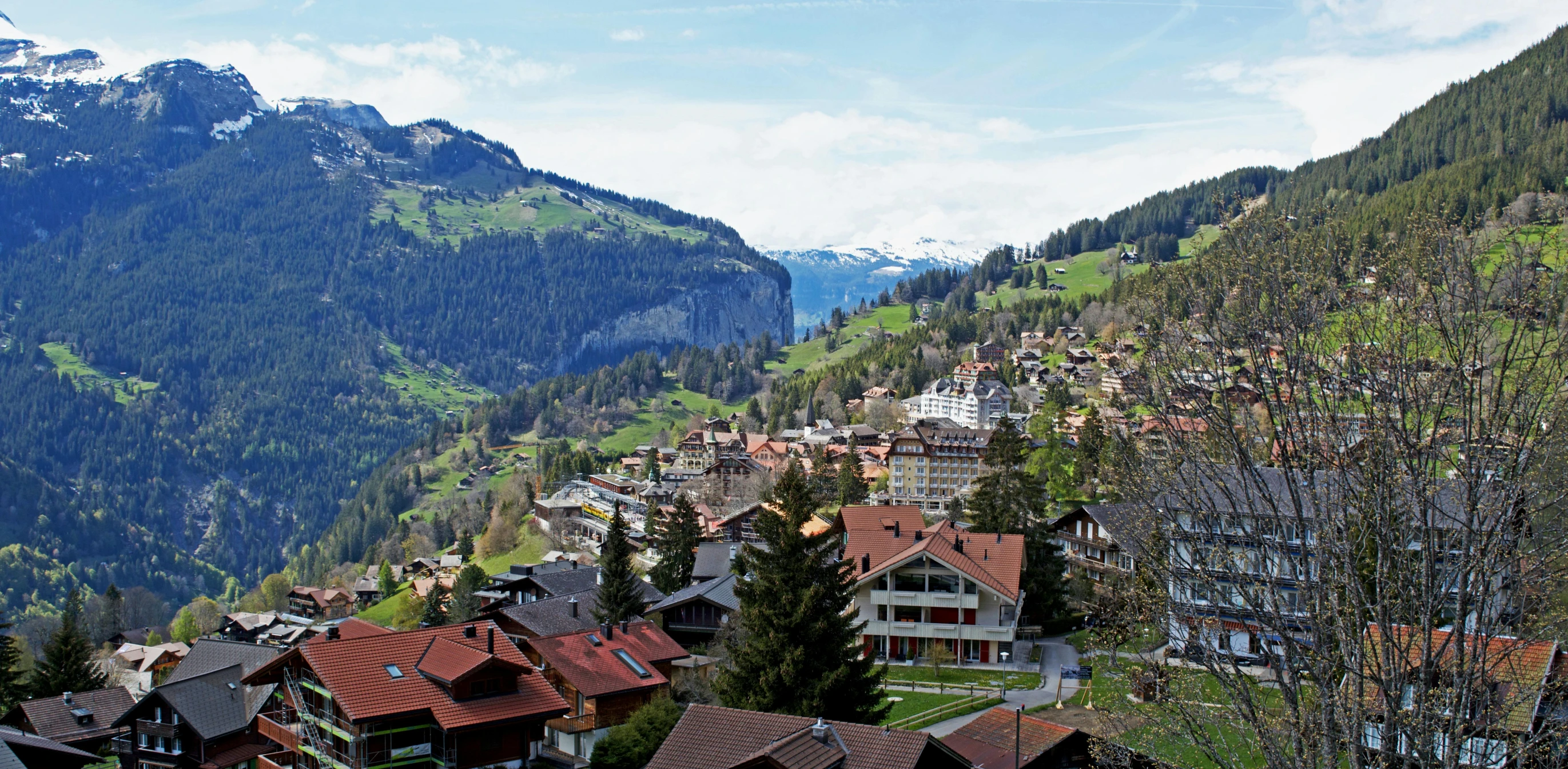 a group of houses sitting on top of a lush green hillside, inspired by Karl Stauffer-Bern, pexels, in the center of the image, slide show, alp