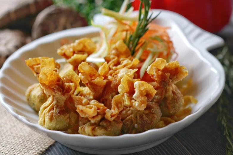 a close up of a bowl of food on a table, deep fried, chrysanthemums, profile image, fan favorite